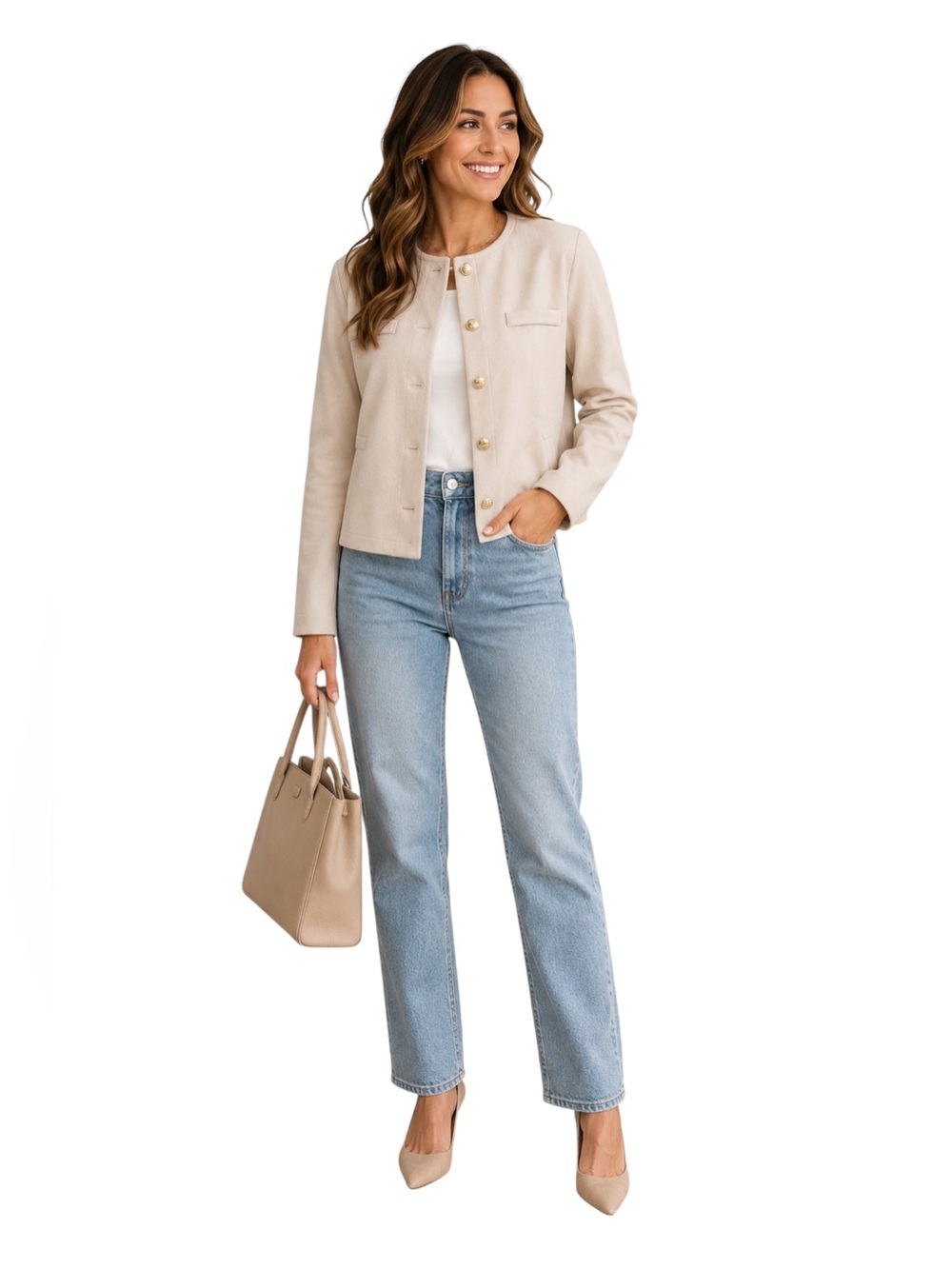 NWT La Vila Milano Faux Suede Gold Button Jacket Winter White Medium